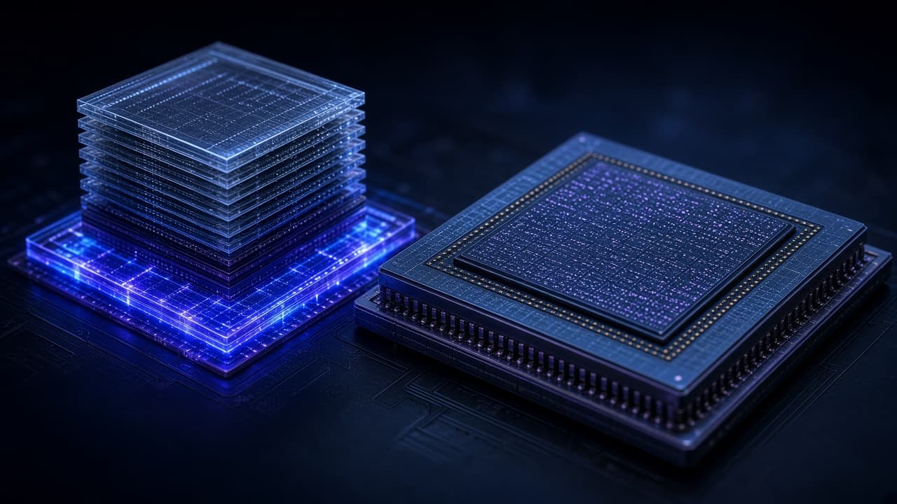 Stack of translucent memory dies on a glowing base die next to a large processor package