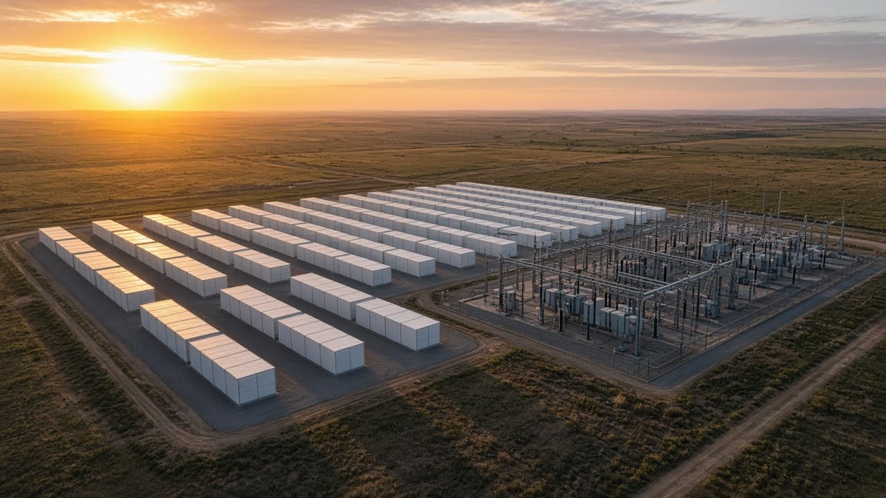 Aerial view of rows of battery storage containers and a substation at sunset