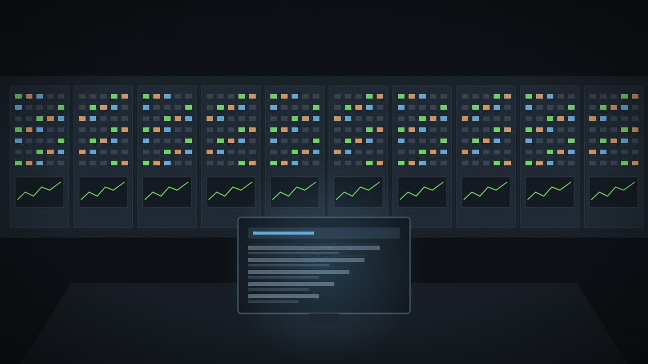Illustration of a dim plant control room with panels of indicator lights and a desk screen showing a document search.