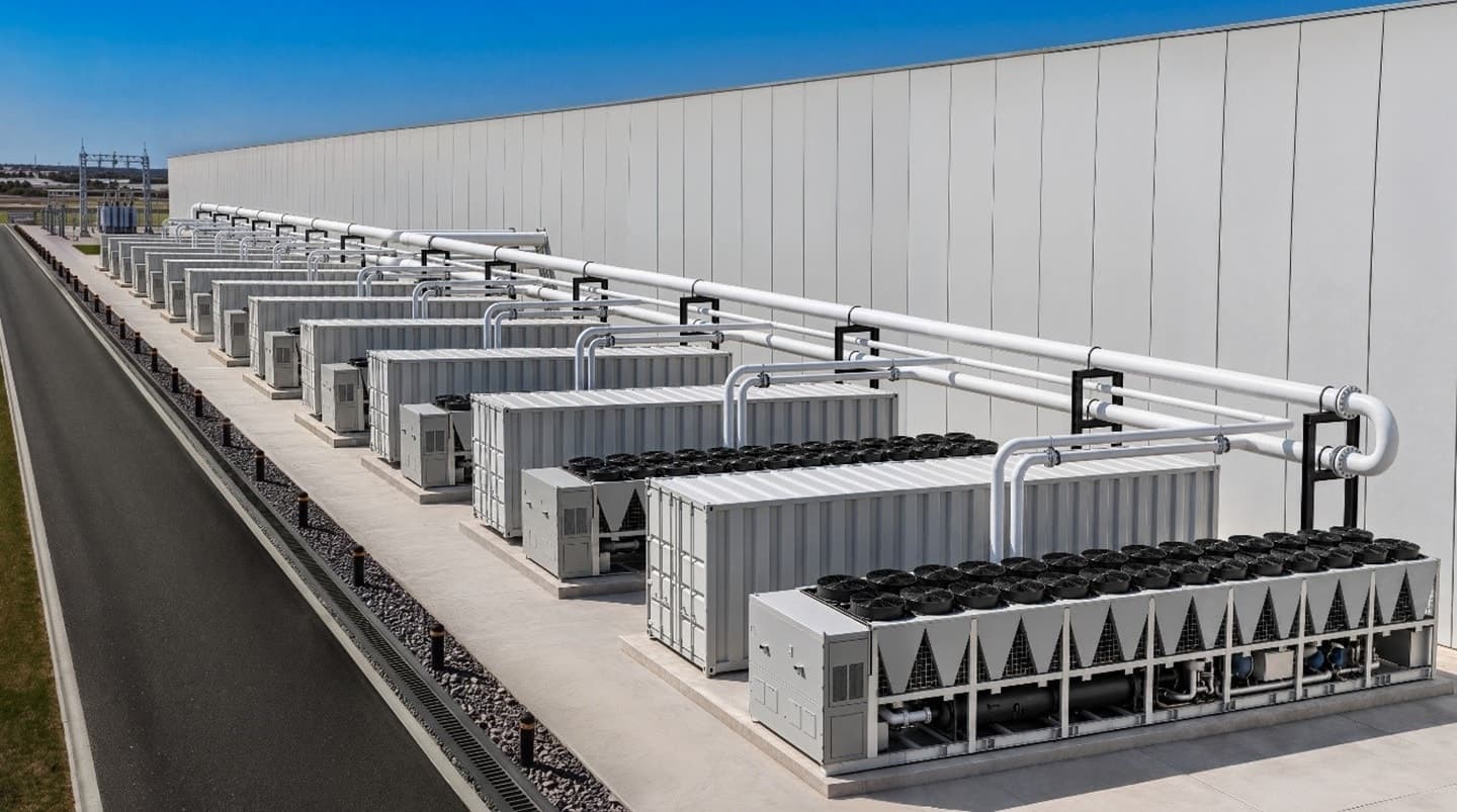 Rows of LG air-cooled chiller units with white piping beside a large data center building under a blue sky