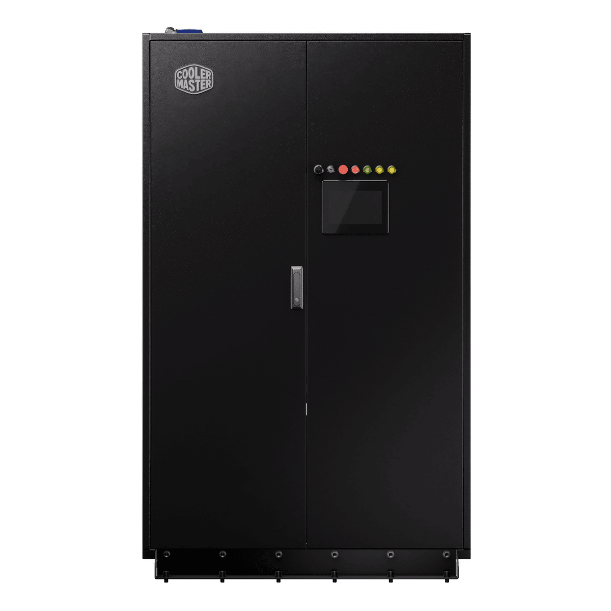 Front view of the Cooler Master 2,500kW liquid-to-liquid in-row coolant distribution unit, a black cabinet with a touchscreen control panel
