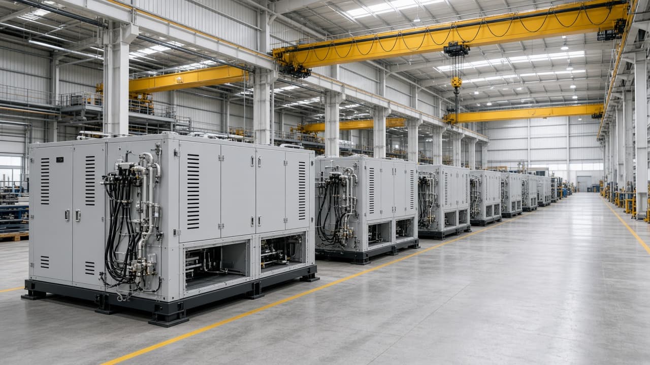 Factory hall with a row of liquid-cooled battery storage cabinets under overhead cranes