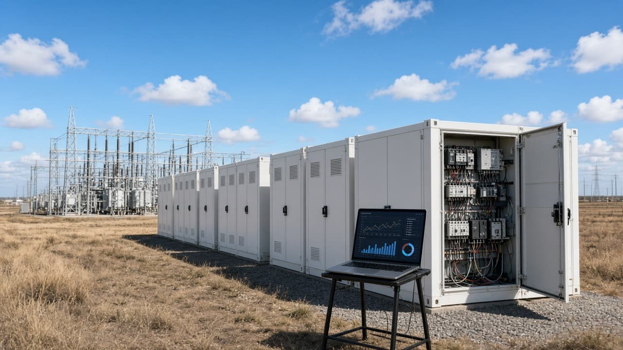 Row of white battery storage containers on Texas prairie with an open control cabinet, a laptop and a substation behind