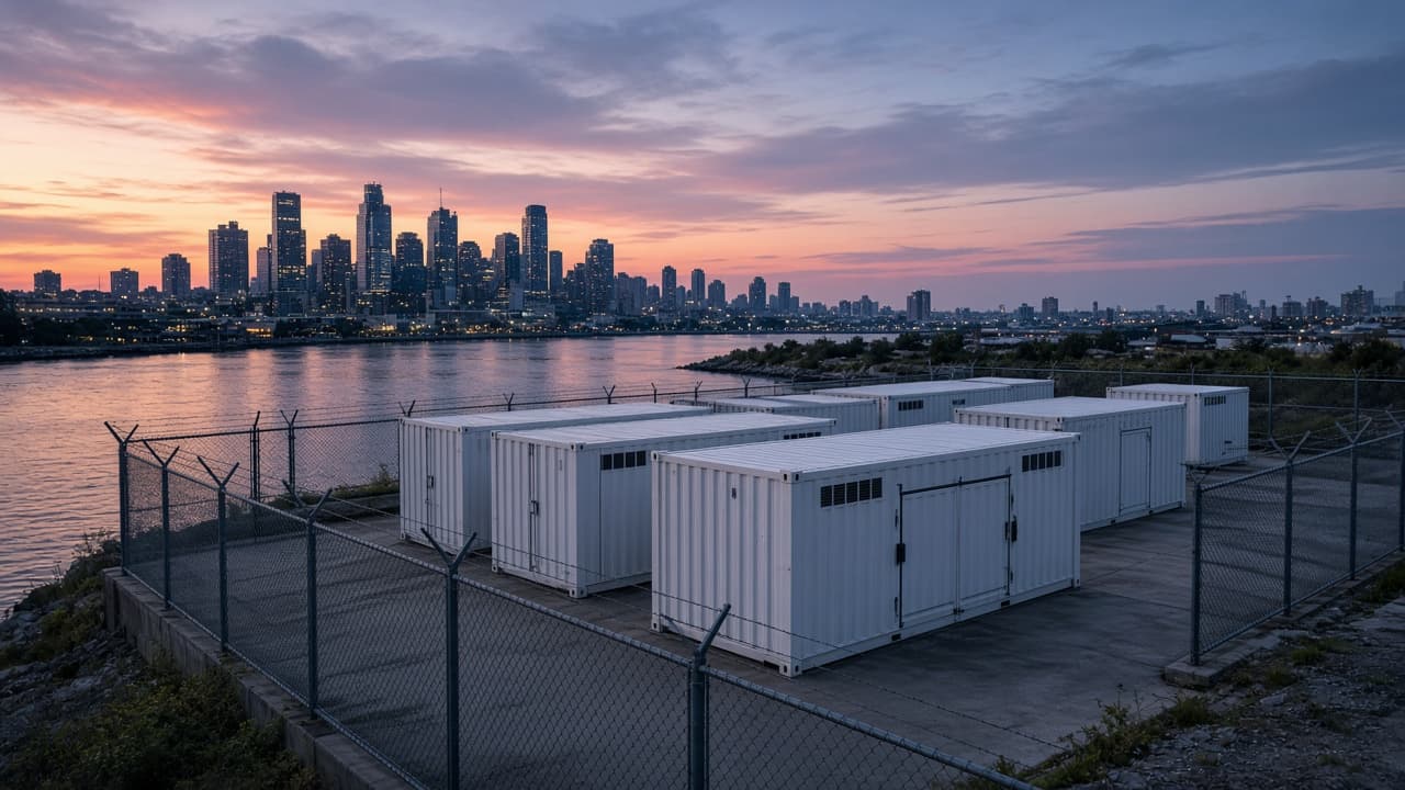 Battery storage containers on a fenced waterfront lot with a city skyline behind at dusk