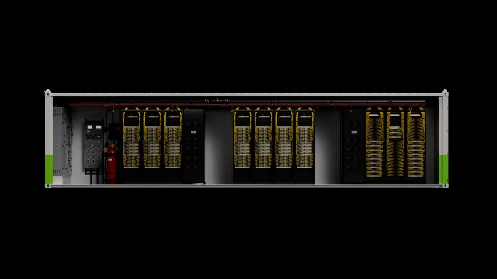 Cutaway render of an NVIDIA DSX POD shipping container with rows of liquid-cooled racks, an electrical panel and overhead coolant piping.