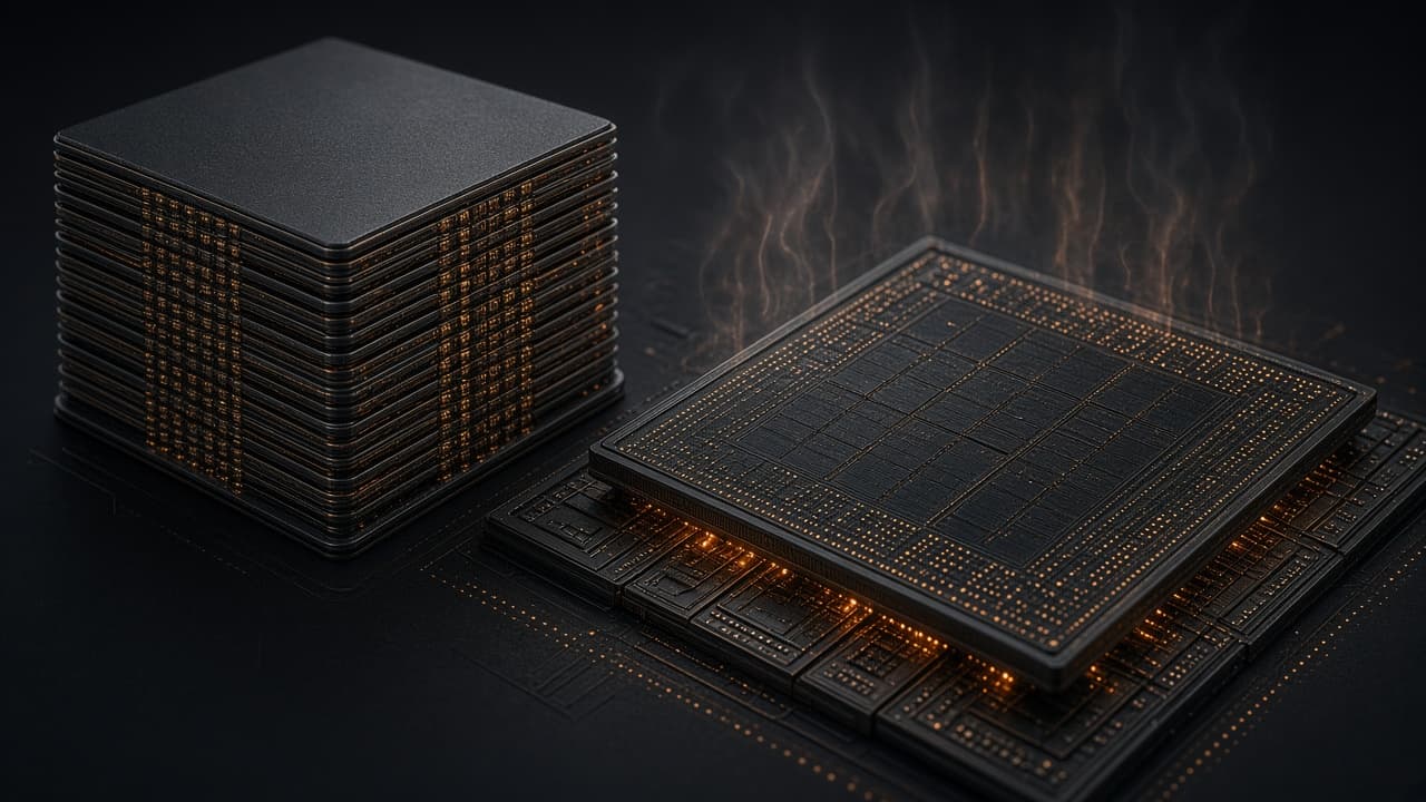 Stacked memory die block next to a GPU die, with heat shimmer rising