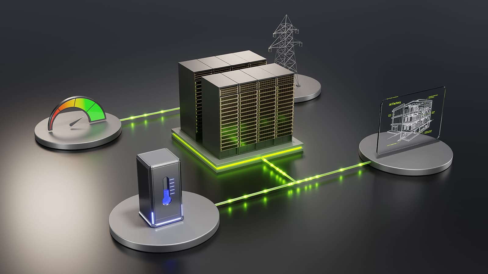 NVIDIA illustration of an AI factory: server racks linked to a power pylon, a cooling unit, a power gauge and a design panel