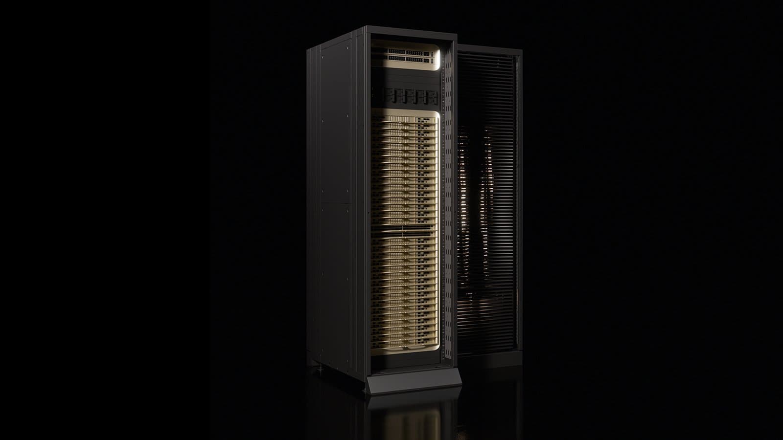 NVIDIA Vera CPU rack with its door open, showing stacked gold-colored compute trays against a black background.