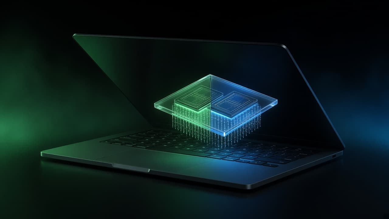 Open laptop with a glowing processor chip floating above the keyboard