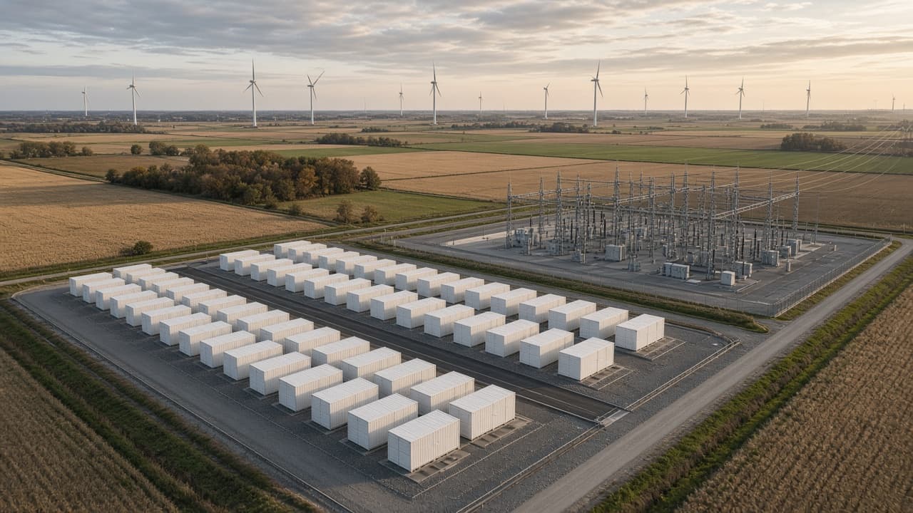 Aerial view of battery storage containers and a substation in farmland with wind turbines behind