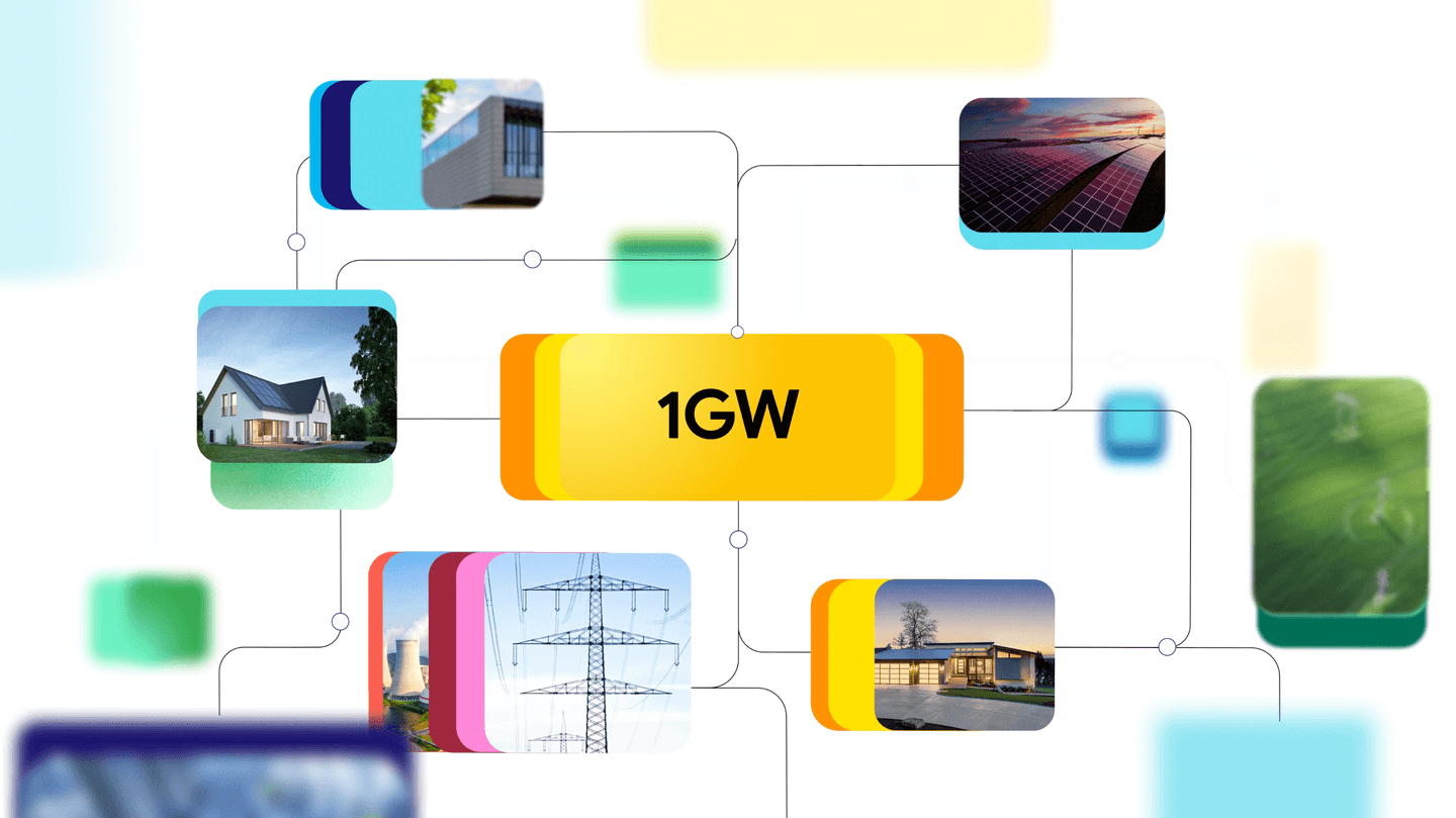 Google graphic of a 1GW label linked to homes, solar panels and power lines, for the Voltus virtual power plant in PJM