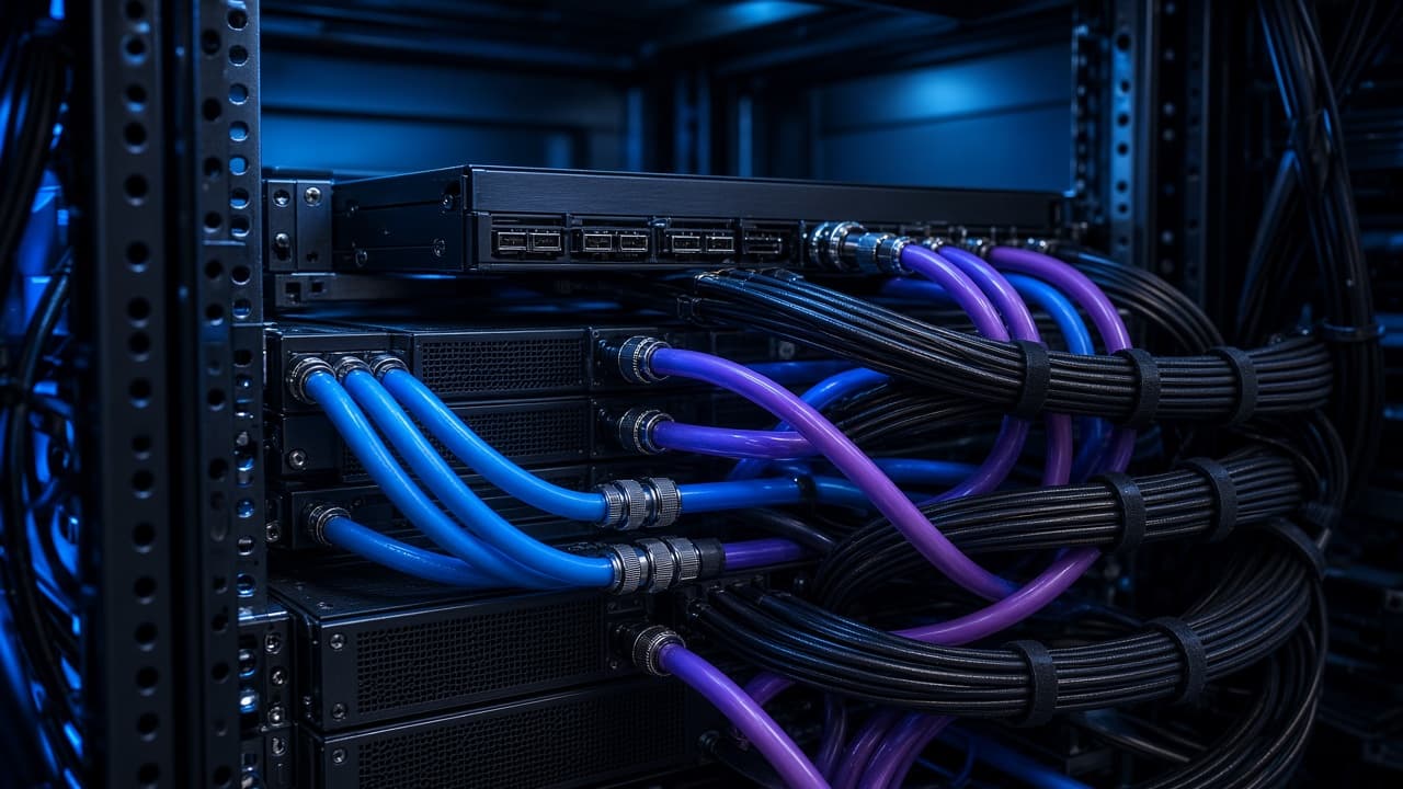 Rear of an AI server rack with a slim network tray, blue and purple coolant hoses and bundled black copper cables